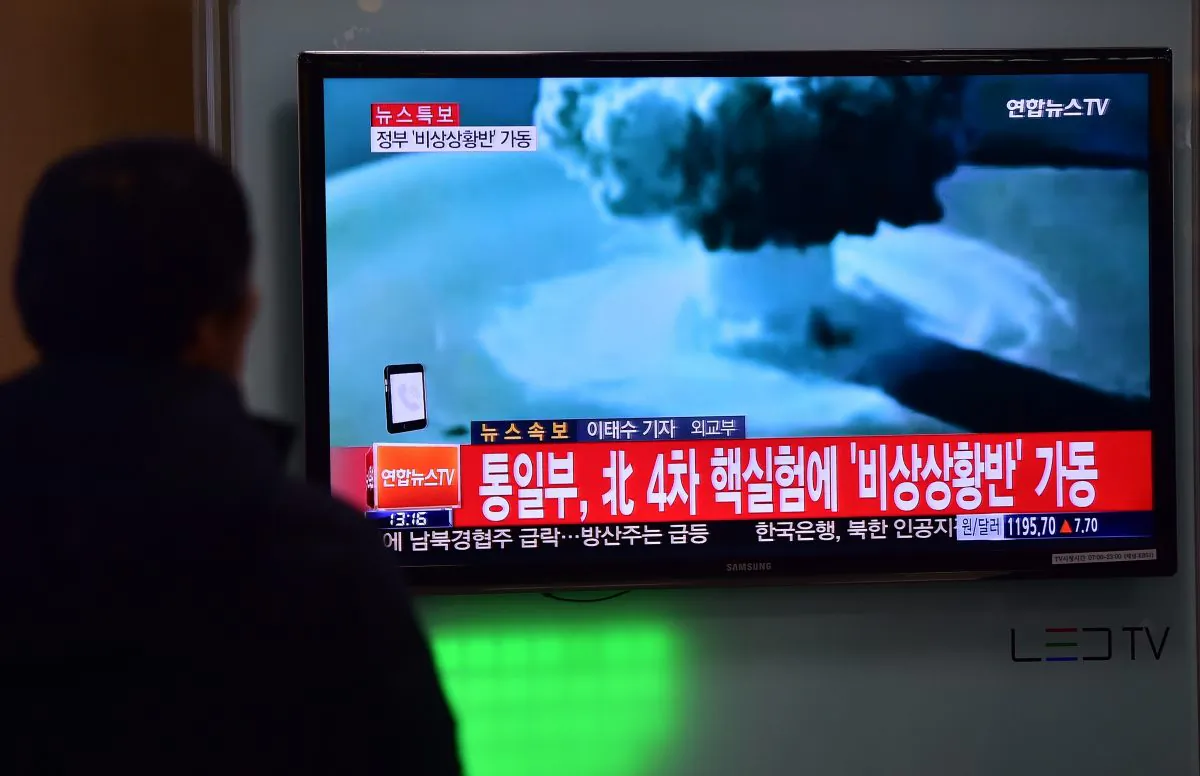People watch a news report on North Korea's first hydrogen bomb test, at a railroad station in Seoul, South Korea, on Jan. 6, 2016. (Jung Yeon-je/AFP/Getty Images)