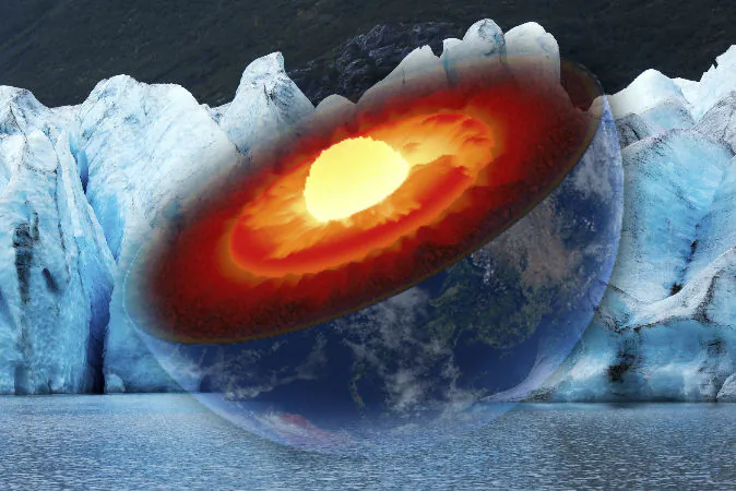 A conceptual illustration of the Earth's core. (Johannes Gerhardus Swanepoel/iStock) Background: Glacier (Leieng/iStock)