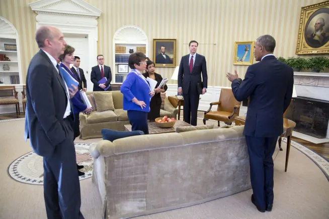 President Barack Obama speaks with the attendees following a meeting in the Oval Office on the executive actions he can take to curb gun violence, Jan. 4, 2016. Listening to the President, from left: Neil Eggleston, Counsel to the President; Deputy Attorney General Sally Yates; Eric Nguyen, Associate Counsel to the President; Michael Bosworth, Deputy Counsel to the President; Senior Advisor Valerie Jarrett; Attorney General Loretta Lynch; Natalie Quillian, Deputy Assistant to the President (partially hidden behind the Attorney General) and FBI Director James Comey. (Official White House Photo by Pete Souza)
