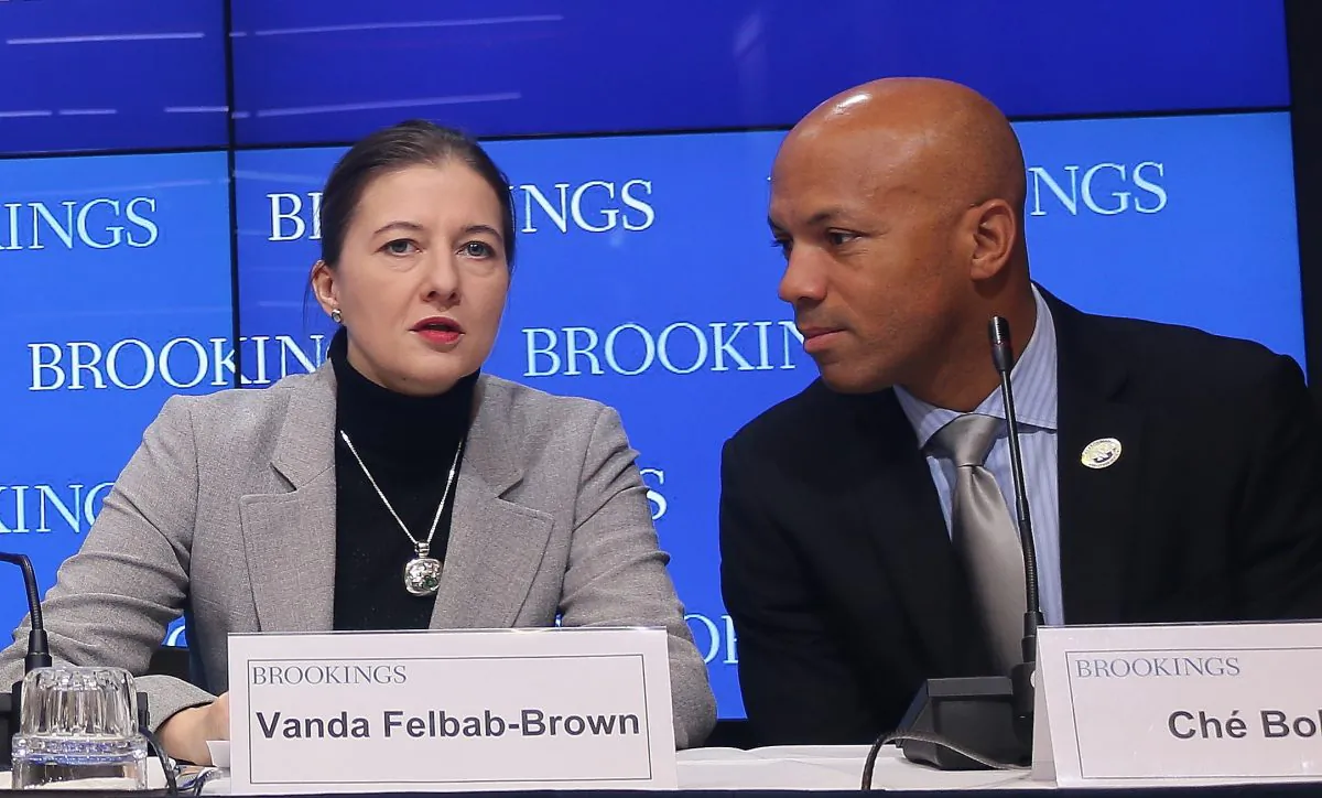 Vanda Felbab-Brown, senior fellow, Brookings (L), and Ché Bolden, federal executive fellow, Brookings, speak on the “Stability and human security in Afghanistan in 2016,” at The Brookings Institution on Jan. 4, 2016. (Gary Feuerberg/Epoch Times)