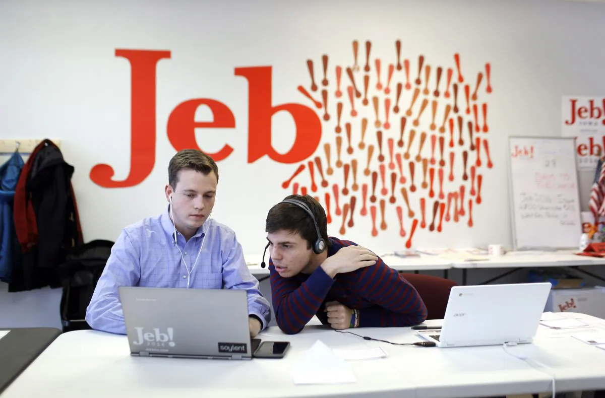 In this Jan. 6, 2016 photo, campaign staffer Kyle Radon, left, and volunteer Jack Davidson look over information on a computer as they call Iowa residents from the state headquarters for Republican presidential candidate, former Florida Gov. Jeb Bush in West Des Moines, Iowa. (AP Photo/Patrick Semansky)