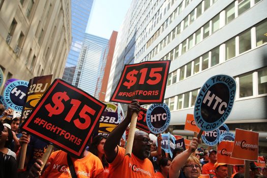 Labor leaders, workers, and activists attend a rally for a $15 minimum hourly wage in New York City on July 22, 2015. (Spencer Platt/Getty Images)
