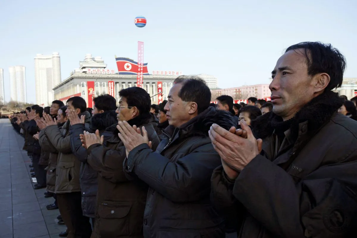 North Koreans clap hands together in a rally, after North Korea said Wednesday it had conducted a hydrogen bomb test, at the Kim Il-Sung Square in Pyongyang, on Jan. 8, 2016. As world leaders debated ways to penalize North Korea's claim of a fourth nuclear test, South Korea voiced its displeasure with broadcasts of anti-Pyongyang propaganda across the rivals' tense border Friday, believed to be the birthday of North Korean leader Kim Jong Un. (AP Photo/Kim Kwang Hyon)