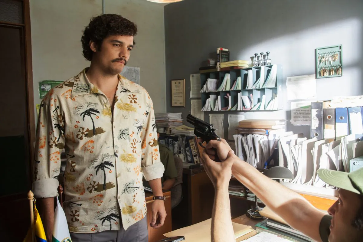Actor Wagner Moura as Pablo Escobar in the Netflix Original Series "Narcos." Moura studied Spanish in Medellin, Colombia, to learn the regional accent. (Daniel Daza/Netflix via AP)