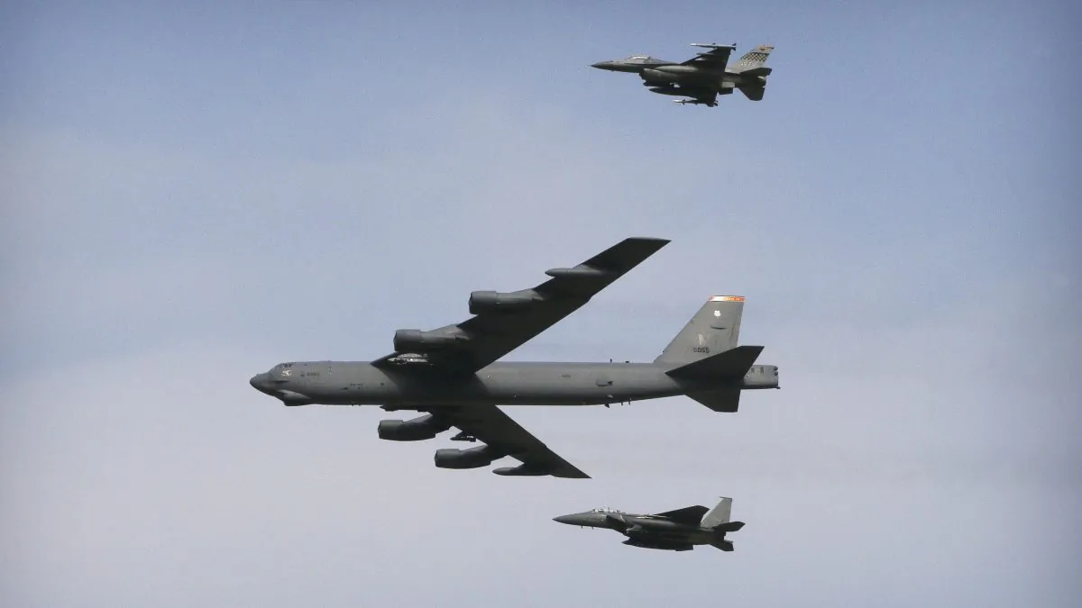 A U.S. Air Force B-52 bomber flies over Osan Air Base in Pyeongtaek, South Korea, on Jan. 10, 2016. The powerful U.S. B-52 bomber flew low over South Korea on Sunday, a clear show of force from the United States as a Cold War-style standoff deepened between its ally Seoul and North Korea following Pyongyang's fourth nuclear test. (AP Photo/Ahn Young-joon)