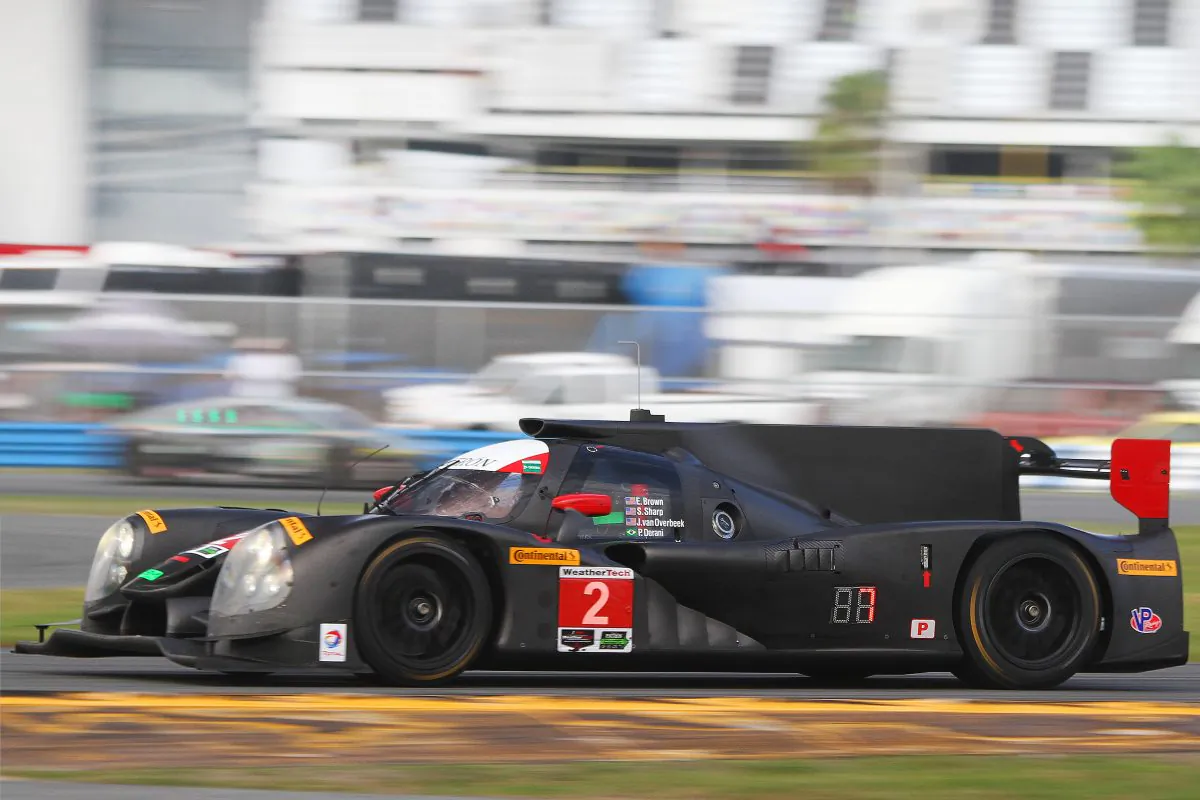 The #2 ESM Ligier-Honda streaks past the grandstands at Daytona International Speedway during the Sunday morning session of the IMSA WeatherTech Roar Before the 24. The car set the fastest time of the weekend in the Sunday Afternoon session. (Chris Jasurek/Epoch Times)