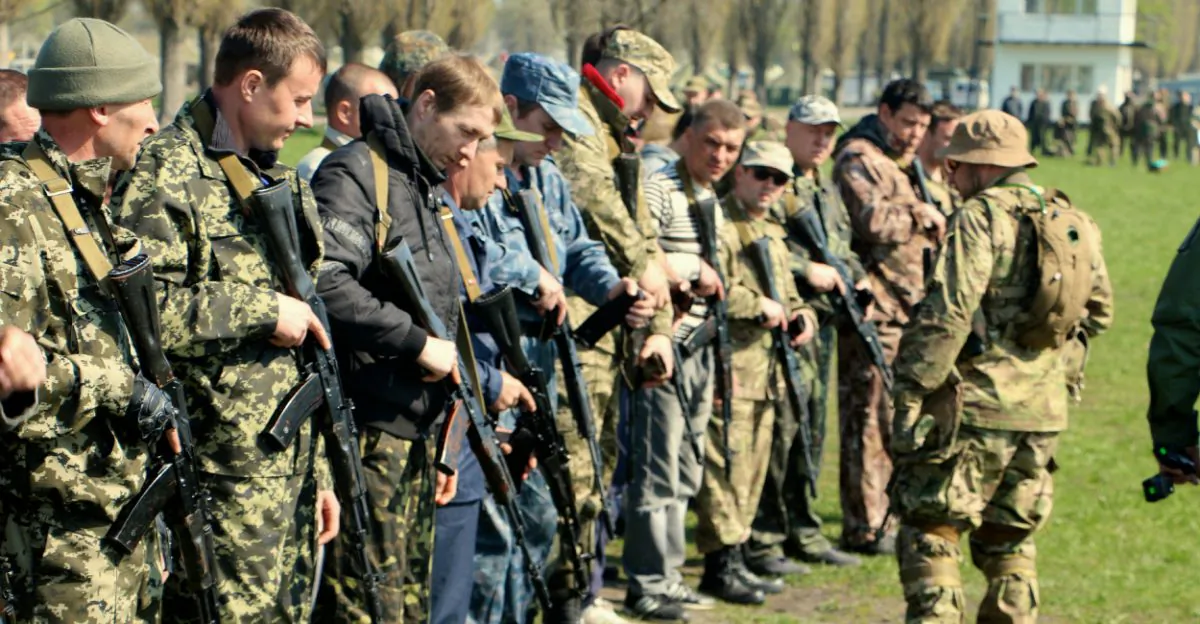 A Ukrainian territorial defense battalion, made up of civilian volunteers, trains at a base outside Dnipropetrovsk. (Nolan Peterson/The Daily Signal)
