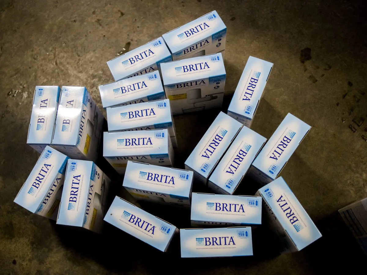 Brita water filters ready for pickup from Flint residents at a Flint fire station in Flint, Michigan, on Jan. 13. (Jake May/The Flint Journal-MLive.com via AP)