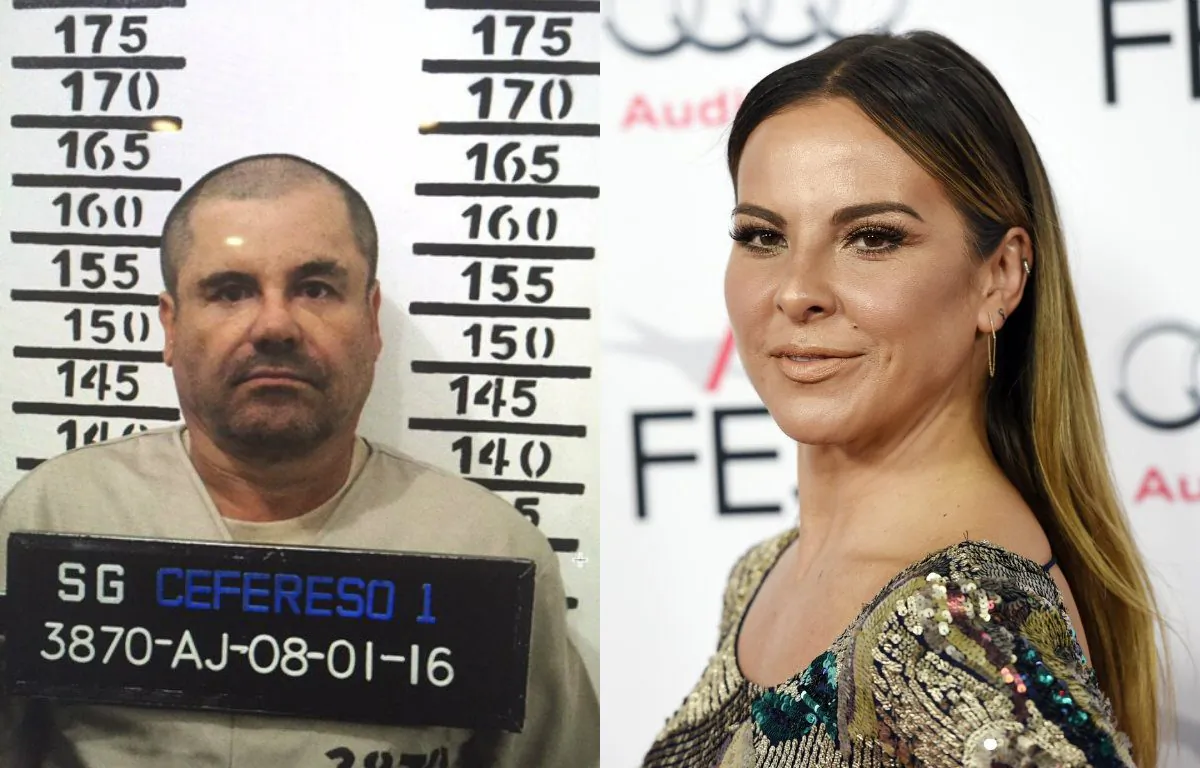 On the left, in this Jan. 8, 2016 image released by Mexico's federal government, Mexico's most wanted drug lord, Joaquin "El Chapo" Guzman, stands for his prison mug shot with the inmate number 3870 at the Altiplano maximum security federal prison in Almoloya, Mexico. On the right, actress Kate Del Castillo during the 2015 AFI Fest at the TCL Chinese Theatre on Monday, Nov. 9, 2015, in Los Angeles. (Chris Pizzello/Invision/AP)