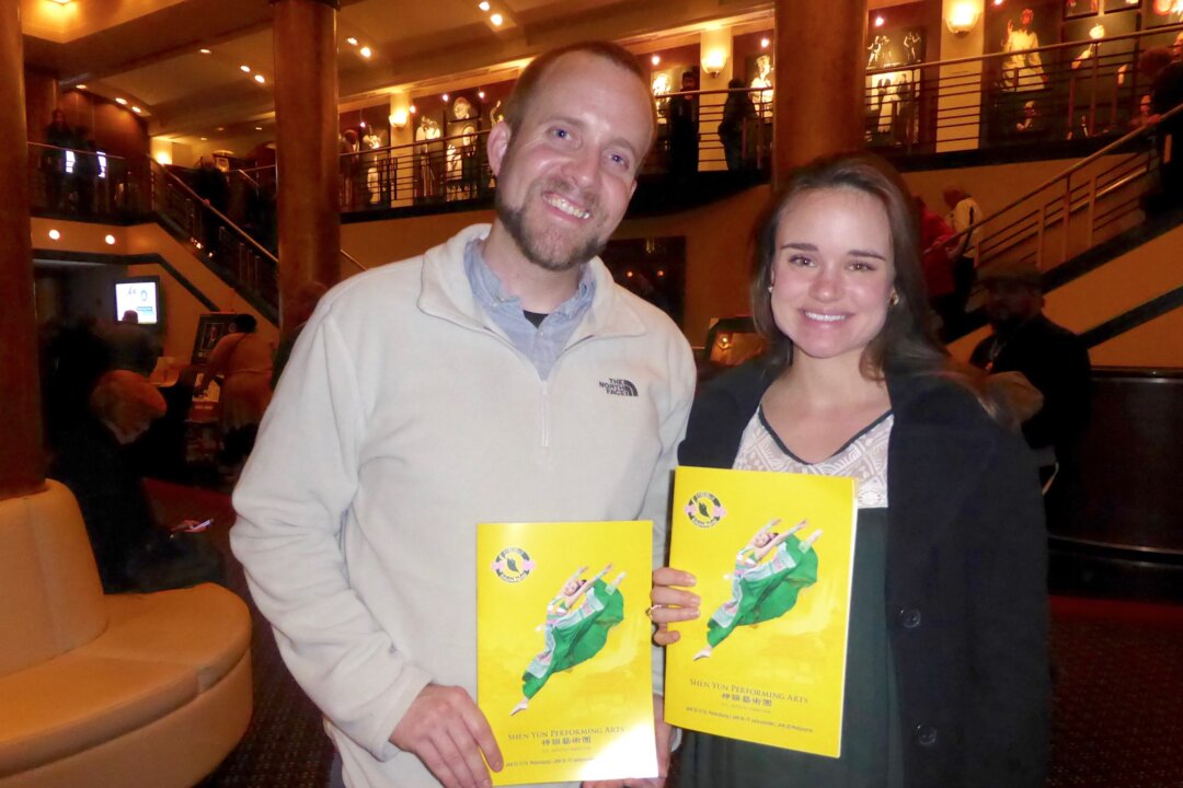 Casey and Sherri Cothran celebrating her birthday with tickets to Shen Yun Performing Arts at the Duke Energy Center for the Arts, on Jan. 13, 2016. (Mary Yuan/Epoch Times)