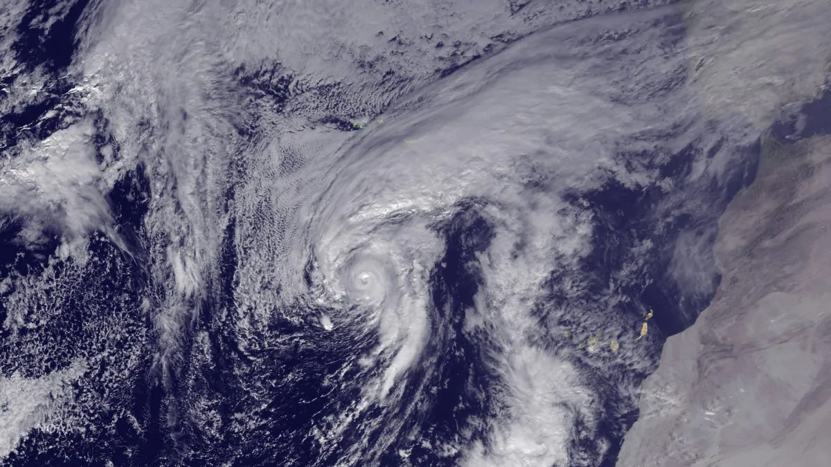 Hurricane Alex is seen in the Atlantic after being upgraded from a storm on Jan. 14, 2016. Alex is the first named storm to form in the Atlantic in January since 1978, the first January-born hurricane since 1938, and just the fourth known storm to arrive in the month since records began in 1851. This image was taken by GOES East at 1445Z. (NOAA via Getty Images)