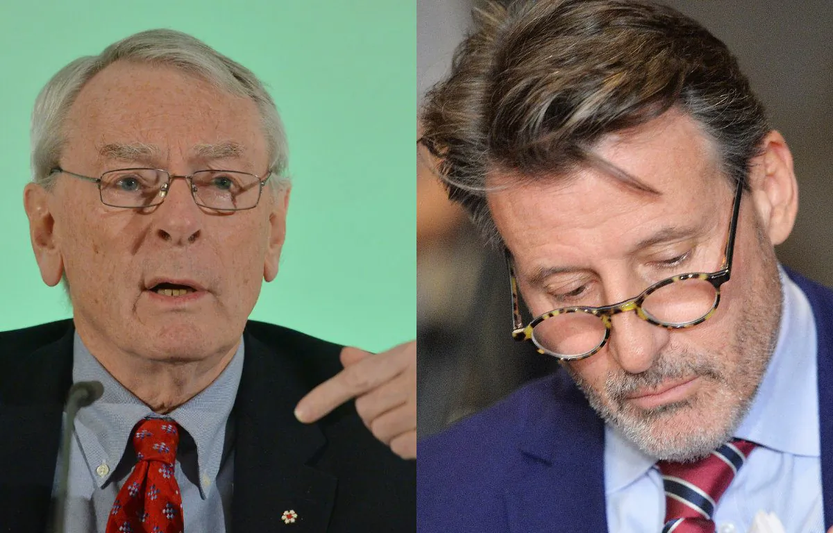 On the left, Canadian Richard Pound, Chairman of WADA's (World Anti-Doping Agency) Independent Commission (IC), presents the findings of his Commission's Report surrounding allegations of doping in sport, during a press conference in Munich, Germany, on Jan. 14, 2016. (AP Photo/Kerstin Joensson)
On the right IAAF-President Sebastian Coe looks on during a press conference about WADA's Independent Commission Report in Munich, Germany, on Jan. 14, 2016. (AP Photo/Kerstin Joensson)