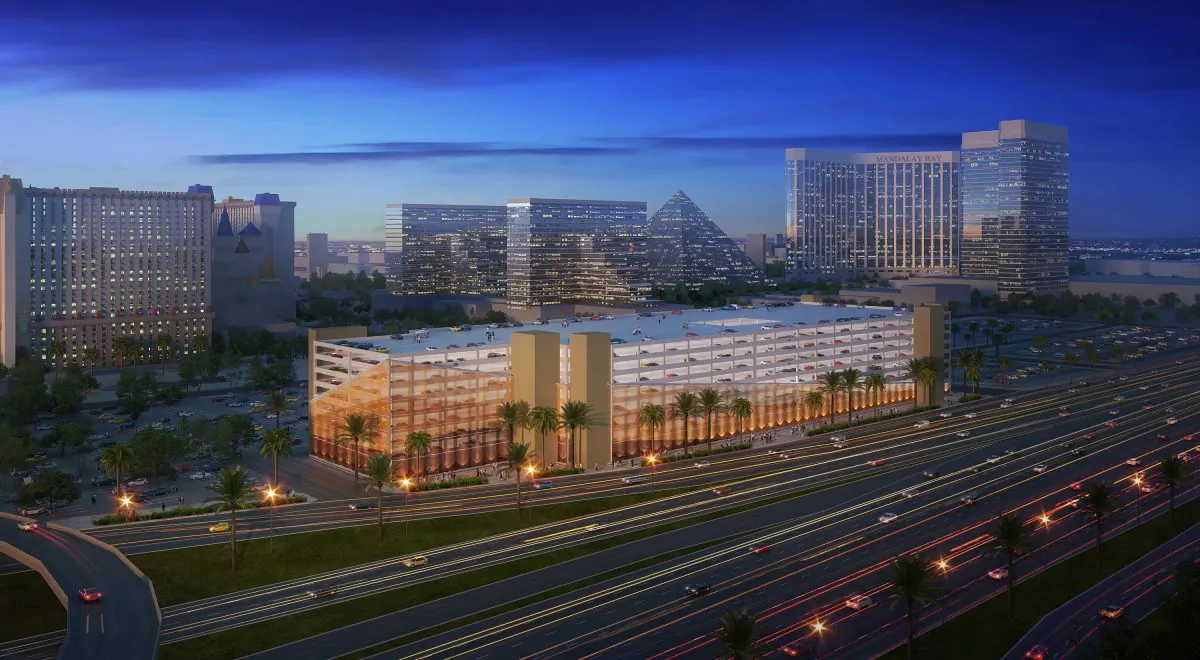 This architectural rendering provided by MGM Resorts International shows a proposed new MGM Resorts parking garage. Casino giant MGM Resorts International will announce Friday, Jan. 15, 2016, that it plans to begin charging visitors for parking this year at some of its properties in Las Vegas. (MGM Resorts International via AP)