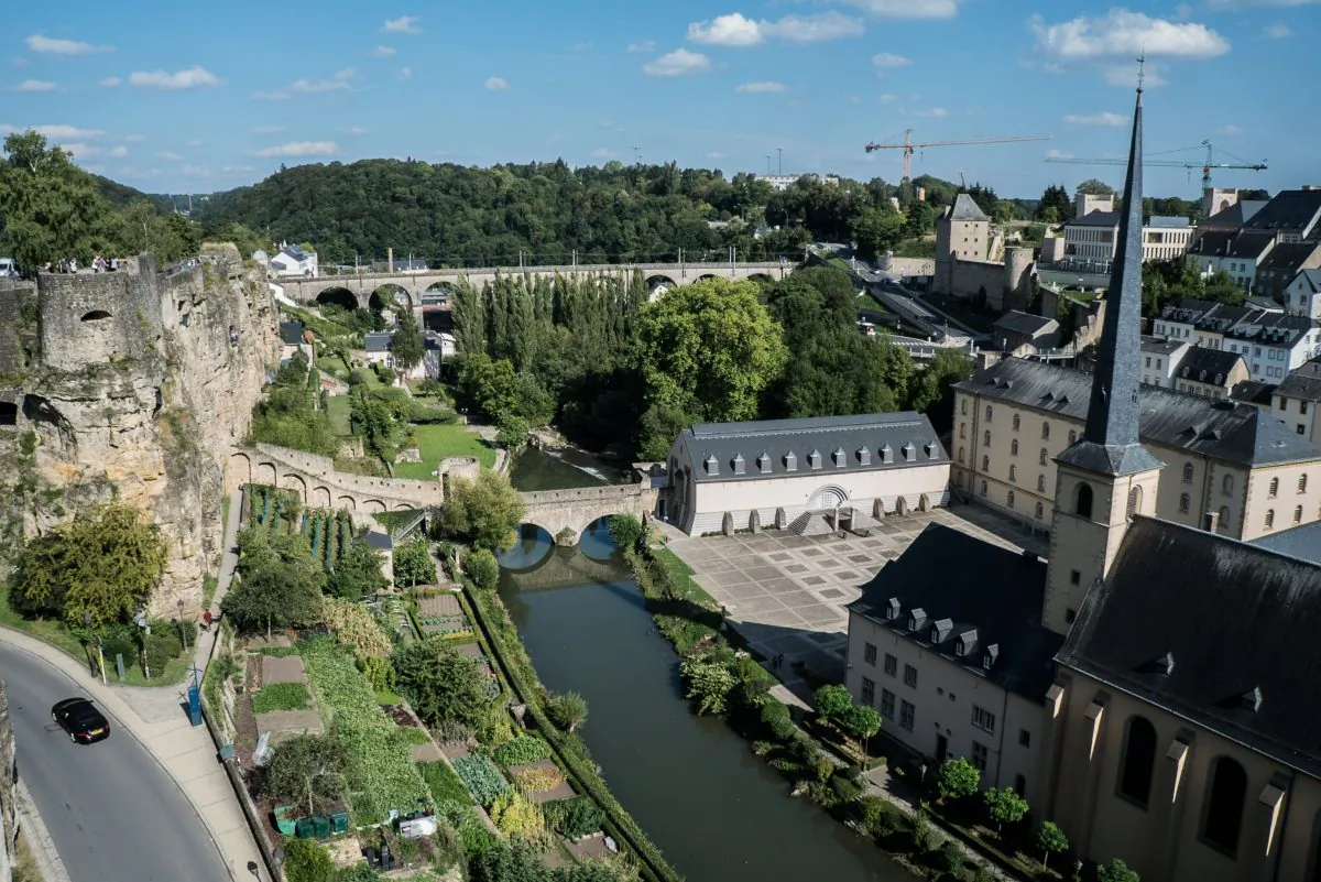 The River Alzette runs through Luxembourg City, which is surrounded by lush valleys. The old ramparts are on the left. (Mohammed Reza Amirinia)