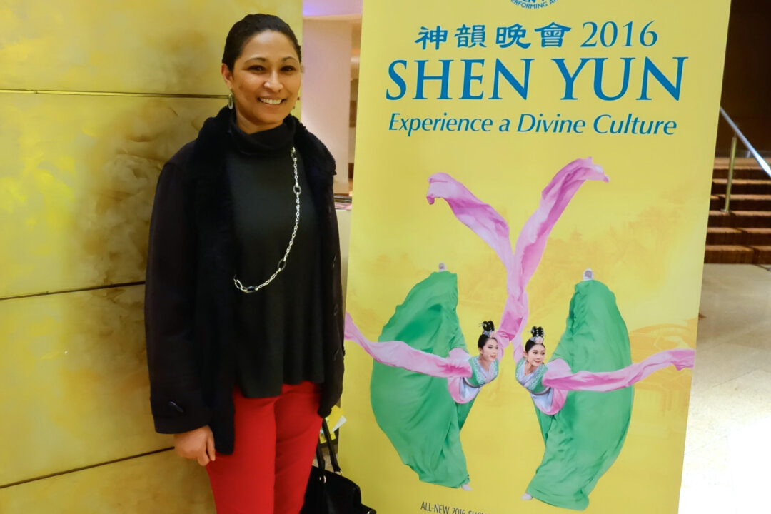 Mrs. Karima Saidi in the lobby of Cobb Energy Centre after Shen Yun's opening night in Atlanta, Jan. 15, 2016. (Mary Silver/Epoch Times)