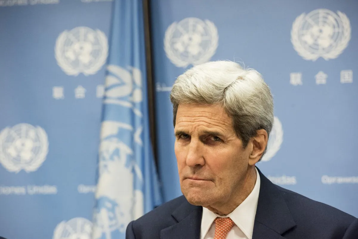 Secretary of State John Kerry at a news conference after a United Nations Security Council meeting on Syria at the United Nations in New York on Dec. 18, 2015. (Andrew Renneisen/Getty Images)
