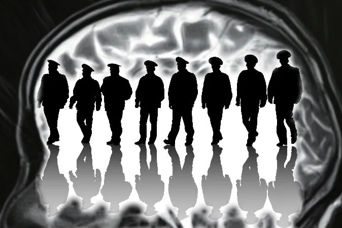 An illustration of officers (Grynold/iStock) Background: An illustration of a brain scan (Windcatcher/iStock)