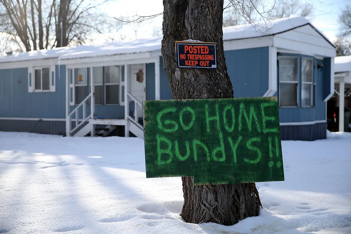 A sign referencing anti-government militia leaders Ammon and Ryan Bundy is posted in front of a home in Burns, Ore., on Jan. 6, 2016. An armed anti-government militia group continues to occupy the Malheur National Wildlife Headquarters. (Justin Sullivan/Getty Images)