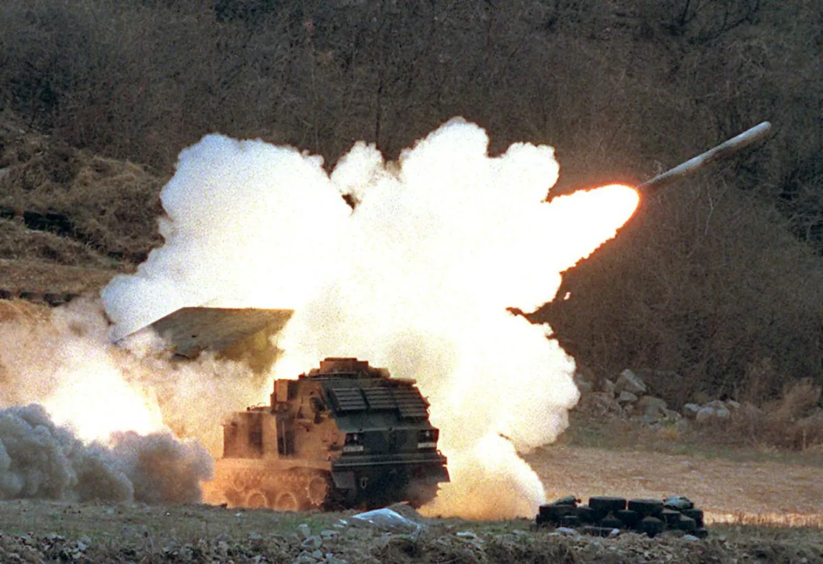 U.S. Multiple Launch Rocket System (MLRS) launches a rocket into the air at a U.S. troops' exercise ground near the Demilitarized Zone (DMZ) in South Korea on April 9 during the US artillery battalion's annual exercise for defence aganst possible attack by North Korean troops. (Kim Jae-Hwan/AFP/Getty Images)
