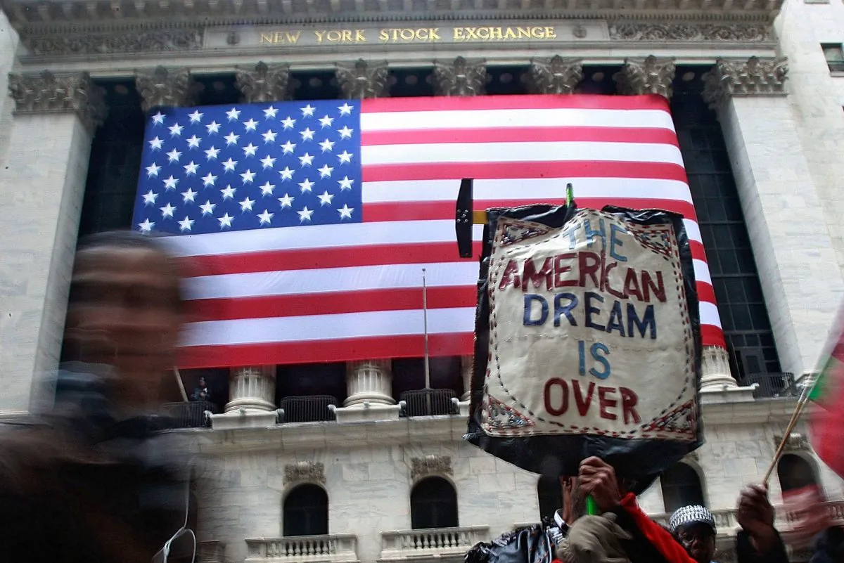 People demonstrate outside the New York Stock Exchange in New York City on April 4, 2009. Hundreds of protesters gathered in the financial district on the second day of a two-day rally against Wall Street and the government bailout of banks and financial institutions. (Mario Tama/Getty Images)