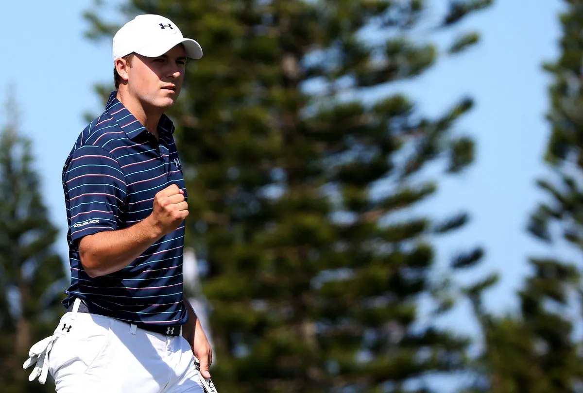 Jordan Spieth reacts after putting for birdie on the second green during the final round of the Hyundai Tournament of Champions at the Plantation Course at Kapalua Golf Club on Jan. 10. (Sam Greenwood/Getty Images) 