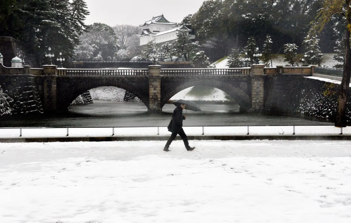 A man walks on a snow covered field in front of the Imperial Palace in Tokyo on January 18, 2016. (YOSHIKAZU TSUNO/AFP/Getty Images)