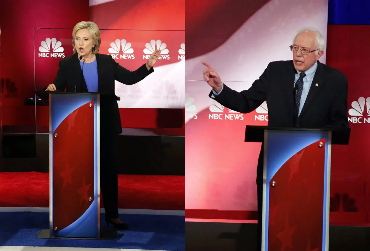 (L-R) Democratic presidential candidates Hillary Clinton and Sen. Bernie Sanders (I-Vt.) at the Democratic primary debate at the Gaillard Center in Charleston, S.C., on Jan. 17, 2016. (AP/Stephen B. Morton & Mic Smith)