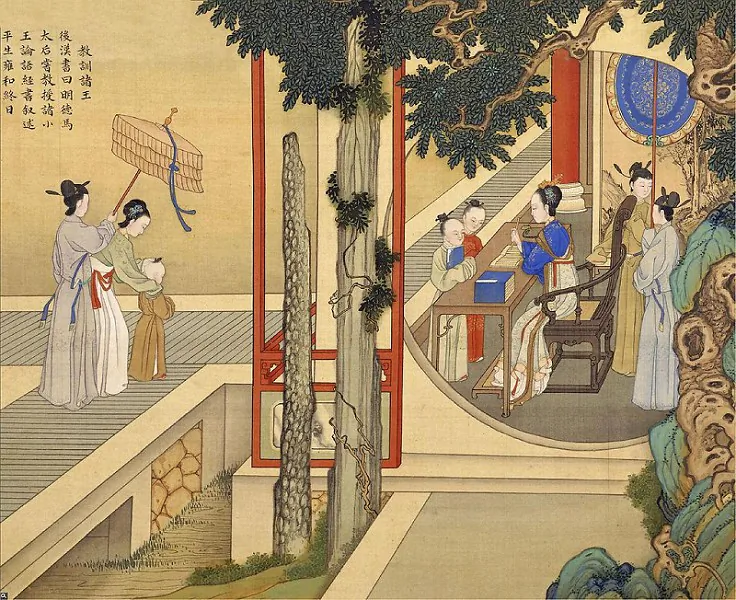 Empress-Dowager Mingde of the Han Dynasty instructs the young princes in the Confucian classics in this scene from the “Album of Virtuous Empresses in Successive Dynasties,” by Qing Dynasty court painter Jiao Bingzhen. (Public Domain/Wikimedia Commons) 