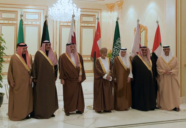 (L–R) Gulf Cooperation Council (GCC) Secretary-General Abdullatif bin Rashid al-Zayani of Bahrain and foreign ministers Sheikh Sabah al-Khaled al-Sabah of Kuwait, Khalid bin Mohammad al-Attiyah of Qatar, Yusuf bin Alawi of Oman, Adel al-Jubeir of Saudi Arabia, Khalid bin Ahmad al-Khalifa of Bahrain, and Sheikh Abdullah bin Zayed al-Nahyan of the Emirates at an extraordinary GCC meeting in the Saudi capital Riyadh on Jan. 9, 2016. Foreign ministers of the Gulf Cooperation Council, which groups Sunni Arab monarchies, expressed their total support for Saudi Arabia in its diplomatic row with predominantly Shiite Iran. (Ahmed Farwan/AFP/Getty Images)