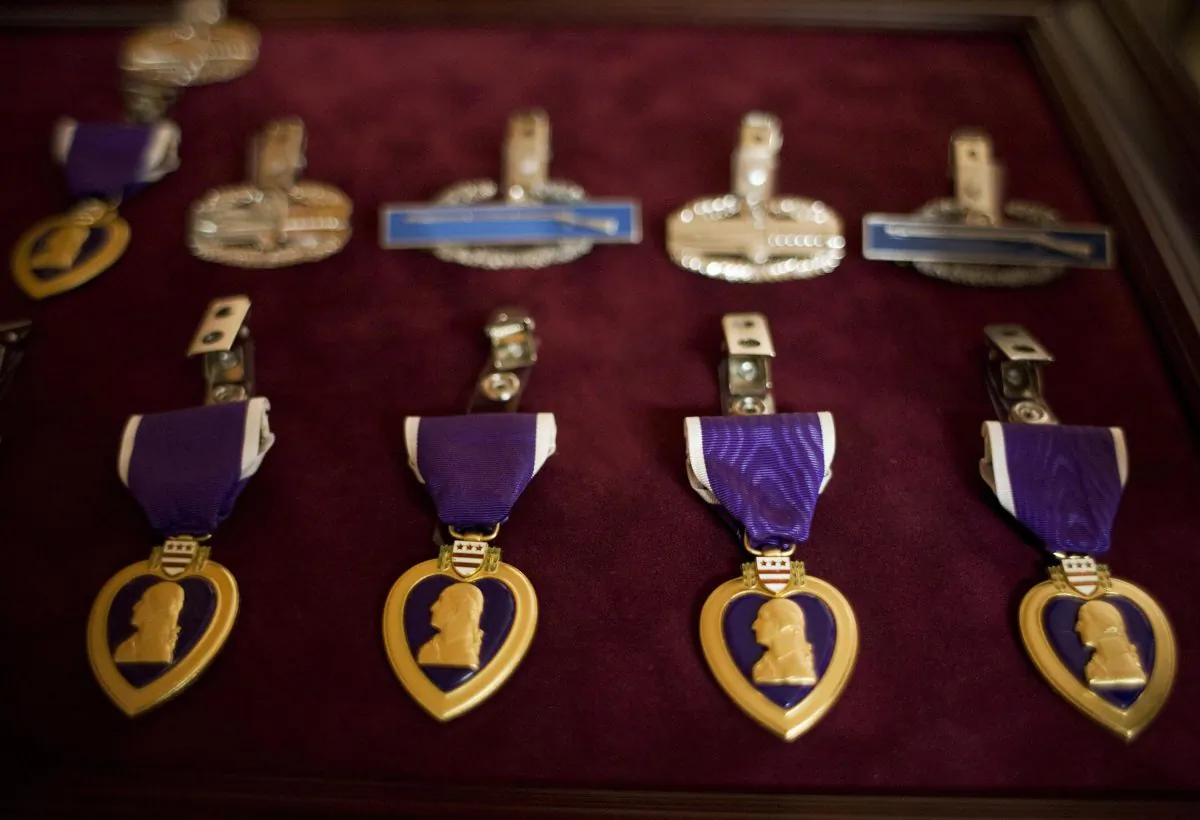 Purple Heart medals in Washington, DC. The Purple Heart is awarded to those killed or wounded in action while serving with the US military. (Mandel Ngan/AFP/Getty Images)