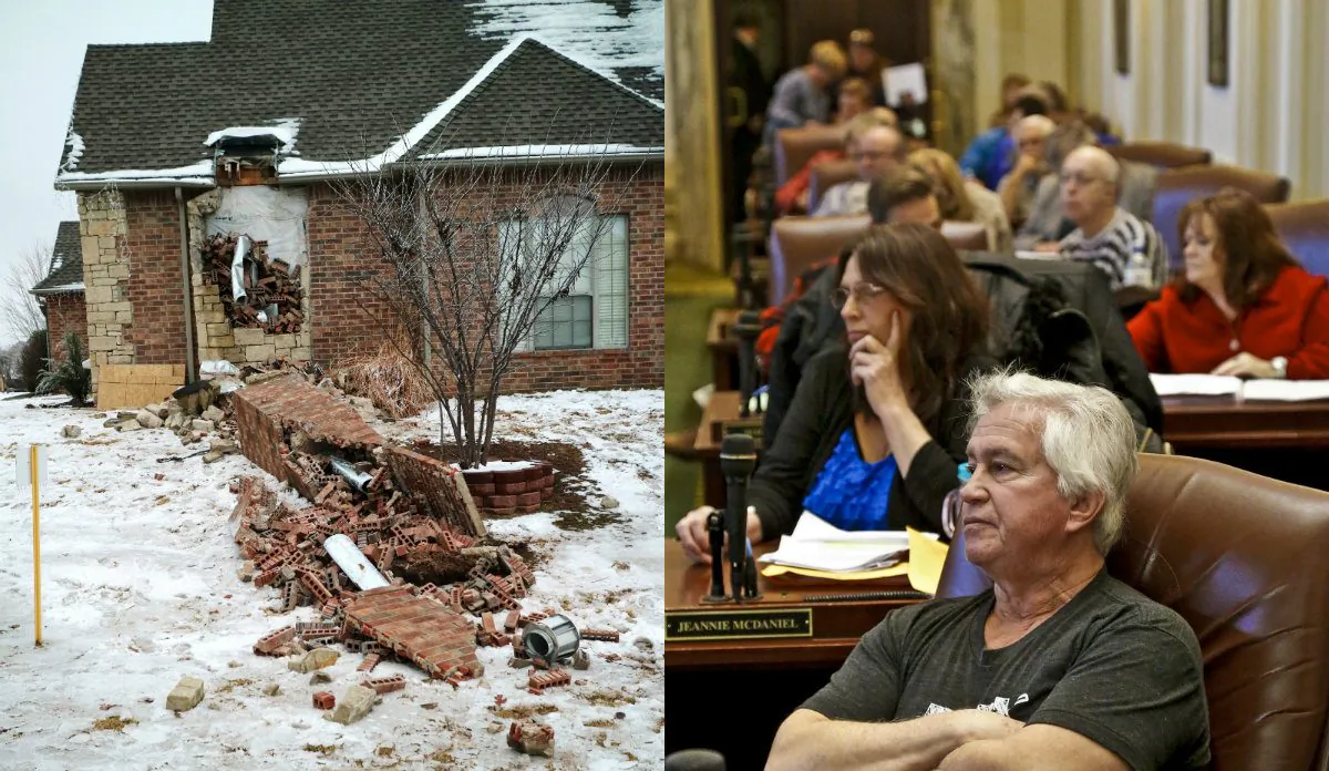 On the left, In this Dec. 29, 2015 photo, remains of a collapsed chimney rest on the ground outside a home in Edmond, Okla., following an earthquake. (Doug Hoke/The Oklahoman via AP)
On the right, an earthquake forum at the Capitol hosted by Rep. Richard Morrissette, D-Oklahoma City. Friday, Jan. 15, 2016, in Oklahoma City, Okla. (Chris Landsberger/The Oklahoman via AP)