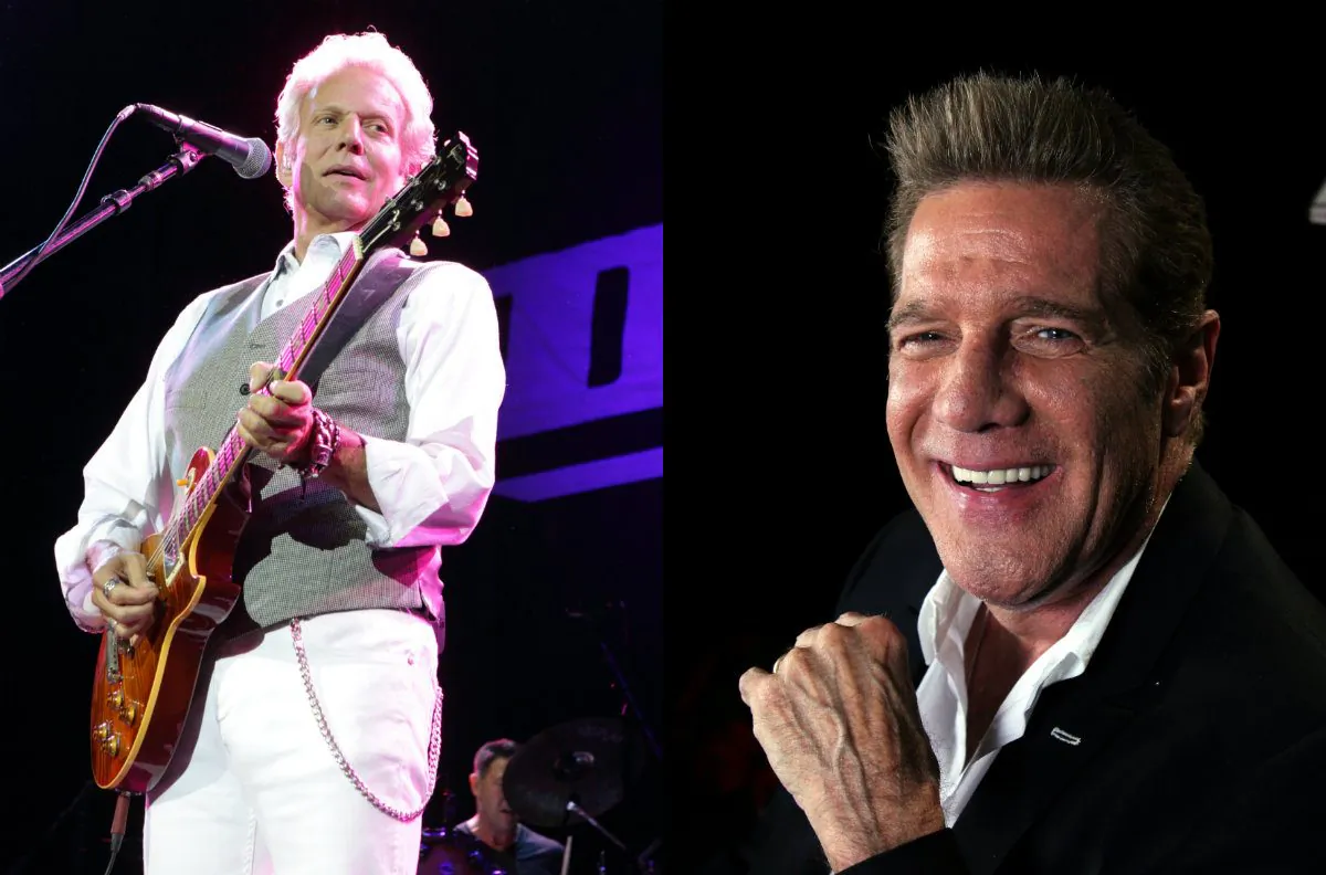 On the left, in this July 3, 2014 photo, Don Felder, formerly of the band The Eagles, performs solo in concert during the Soundtrack of Summer Tour 2014 in Camden, N.J. (Owen Sweeney/Invision/AP)
On the right, in this May 7, 2012, photo, musician Glenn Frey smiles in New York. (AP Photo/John Carucci)