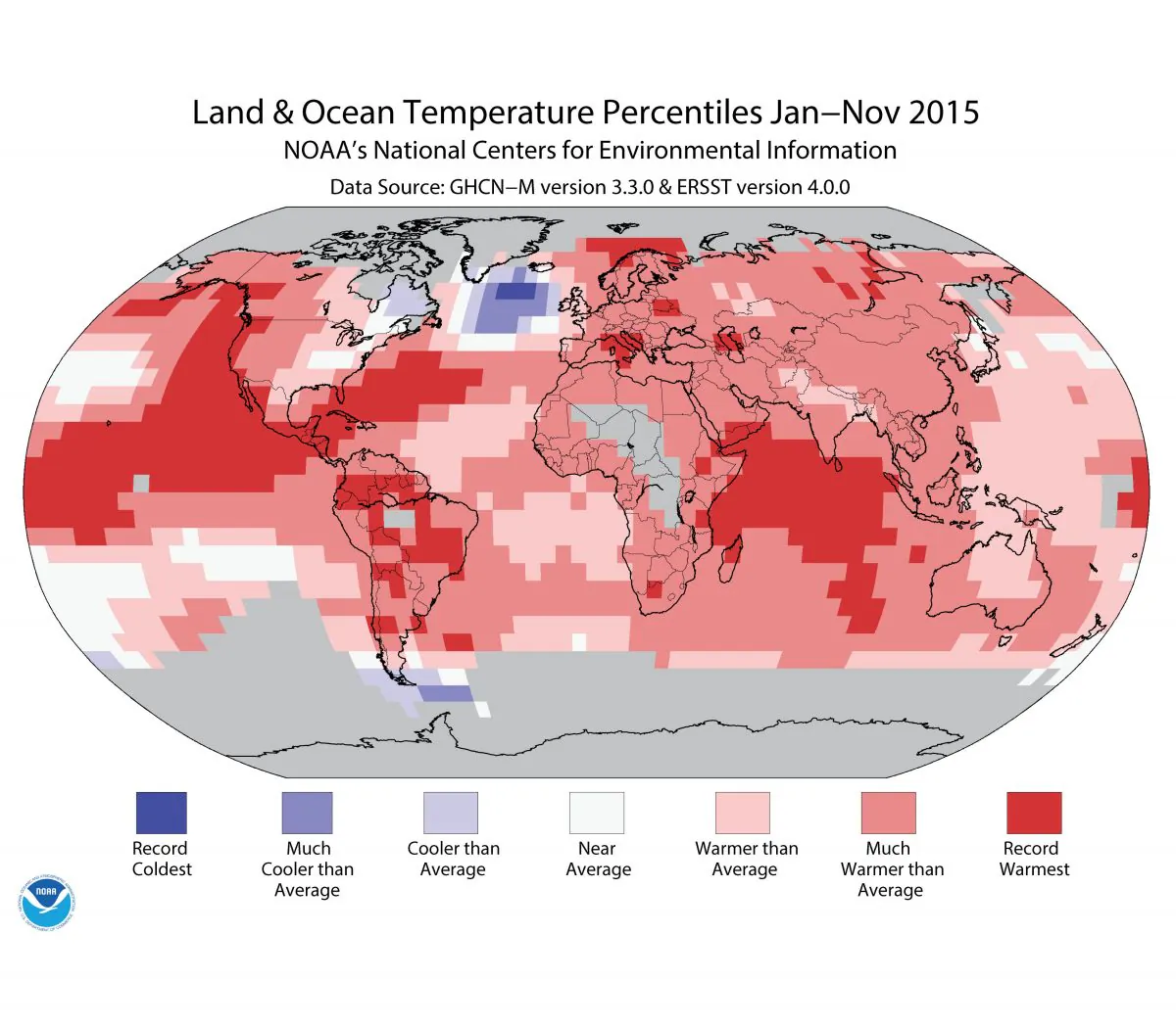 This image made available by the National Oceanic and Atmospheric Administration on Thursday, Dec. 17, 2015 shows warmer- or cooler-than-normal temperatures around the world for January through November 2015. (NOAA via AP)