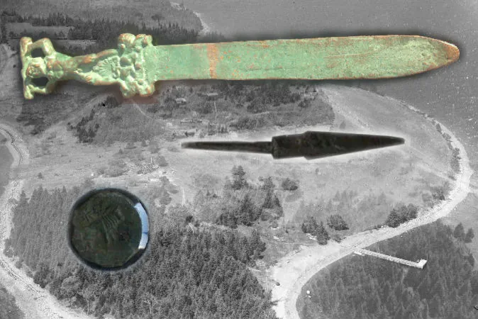 Oak Island, Nova Scotia, in August 1931. (Richard McCully/Public Domain) Artifacts found on or around Oak Island with possible connections to the ancient Roman Empire. (Courtesy of J. Hutton Pulitzer/InvestigatingHistory.org)