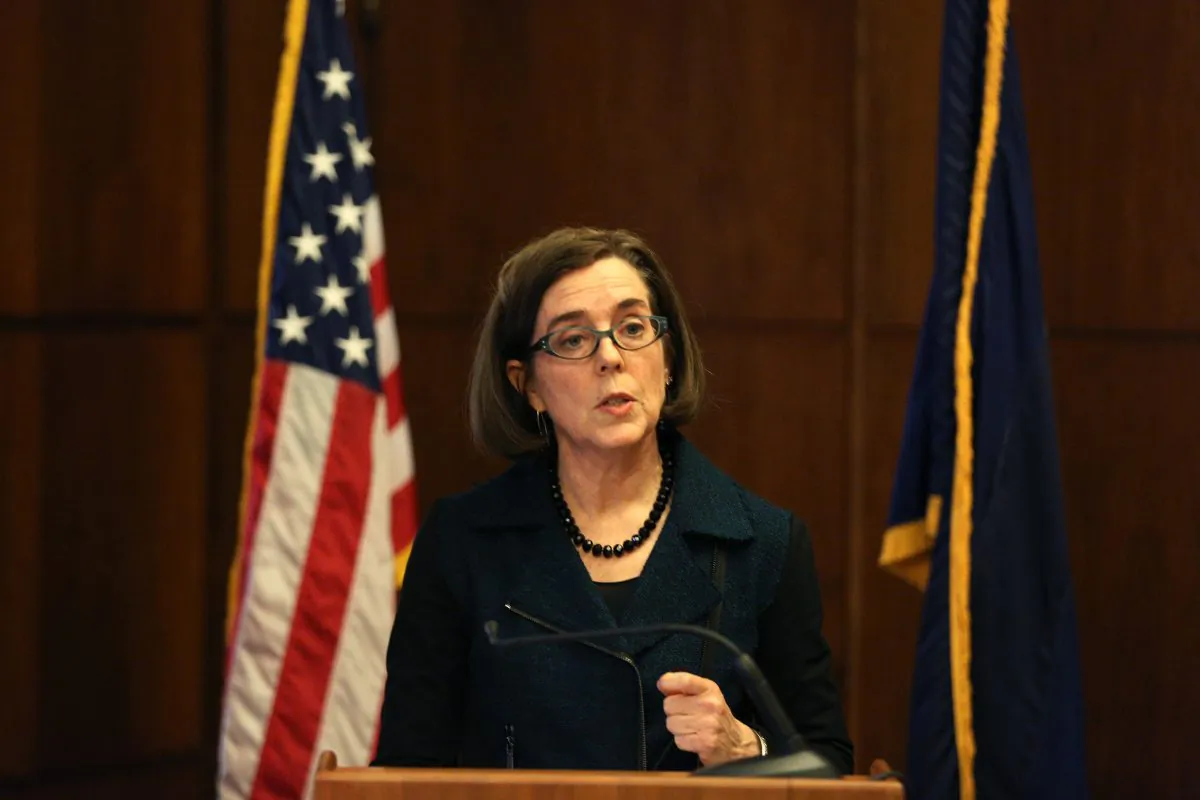 Oregon Gov. Kate Brown outlines her 2016 policy agenda at a press conference at the State Capitol in Salem, Ore., on Jan. 20, 2016. Brown said she is angry federal authorities have not yet taken action against an armed group occupying a national wildlife refuge in southeastern Oregon and said she plans to bill the U.S. government for what it has been costing Oregon taxpayers. (Molly J. Smith/Statesman-Journal via AP)