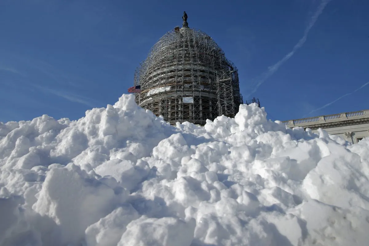 WASHINGTON, DC - JANUARY 21:  A pile of shoveled snow stands in the plaza on the east side of the U.S. Capitol January 21, 2016 in Washington, DC. One inch of snowfall delayed school openings in the greater Washington, DC, area on Thursday as people along the Easter Seaboard prepare for a blizzard to arrive within the next 24 hours. (Photo by Chip Somodevilla/Getty Images)