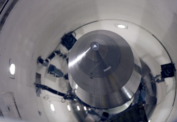 An inert Minuteman 3 missile is seen in a training launch tube at Minot Air Force Base, N.D., on June 25, 2014. (AP Photo/Charlie Riedel)