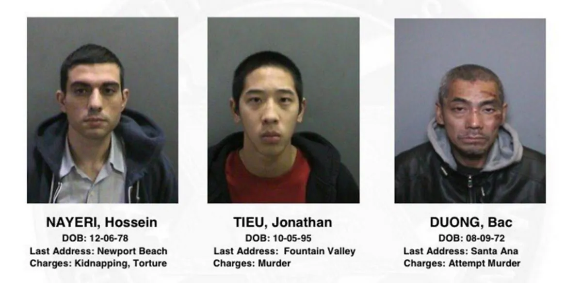 This image provided by the Orange County, Calif., Sheriff's Department on Saturday, Jan. 23, 2016, shows three jail inmates charged with violent crimes who escaped from the Central Men's Jail in Santa Ana, Calif. The men from left are, 37-year-old Hossein Nayeri, charged with kidnapping and torture; 20-year-old Jonathan Tieu, who is charged with murder, and 43-year-old Bac Duong, charged with attempted murder. (Orange County Sheriff's Department via AP)