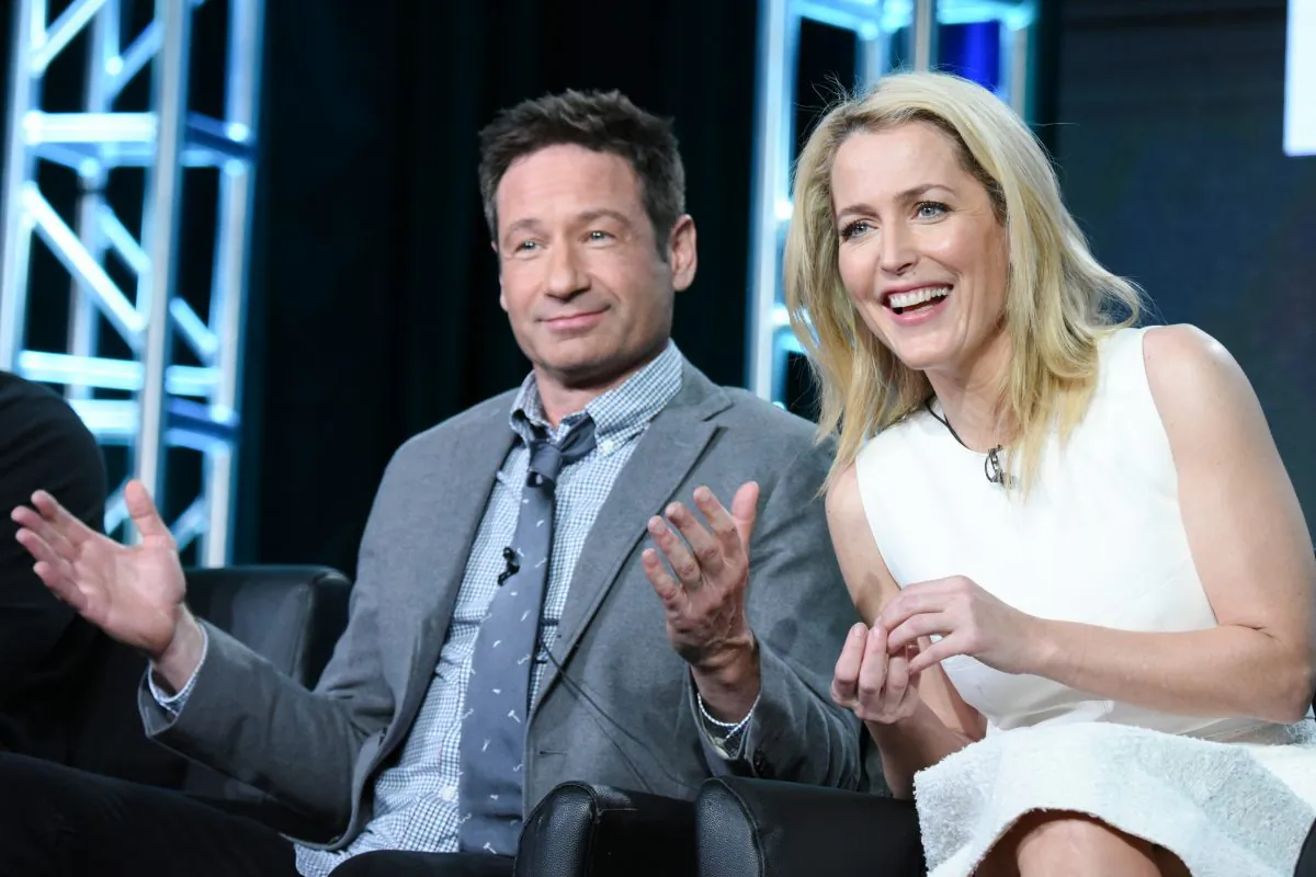 Actors David Duchovny, left, and Gillian Anderson participate in "The X Files" panel at the Fox Winter TCA on Friday, Jan. 15, 2016, Pasadena, Calif. (Photo by Richard Shotwell/Invision/AP)