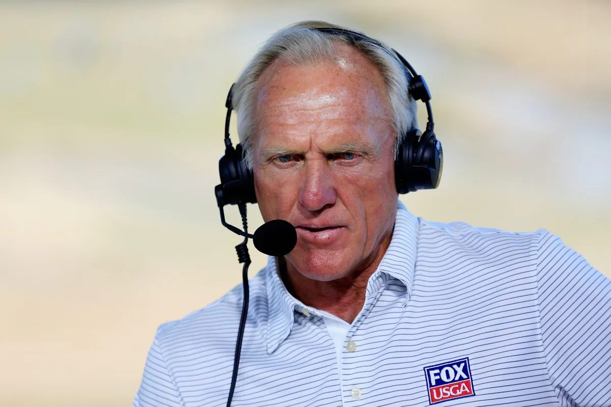 Greg Norman, former Fox TV Analyst, is seen on set during rehearsal prior to the start of the 115th U.S. Open Championship at Chambers Bay on June 17, 2015 in University Place, Washington. (David Cannon/Getty Images)