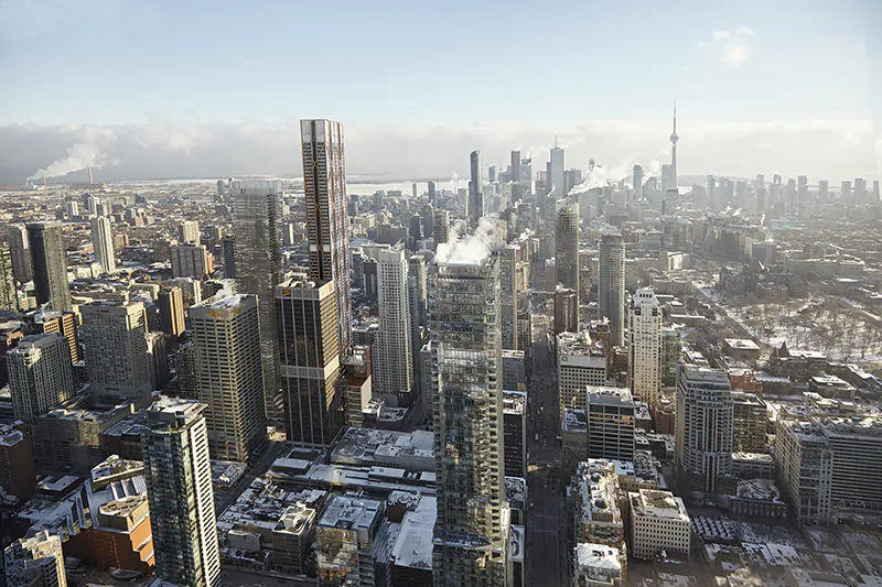 Rendering of the Toronto skyline, with The One in the foreground. The new condo development by Mizrahi Developments, currently in preconstruction at 1 Bloor Street West, will be 80 storeys and have 560 units. (Courtesy of Urbanation)