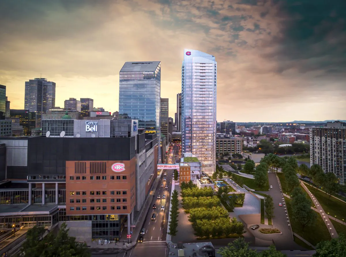 Rendering of Tour des Canadiens 2, located on the corner of Peel and St. Antoine streets just south of Montreal’s Bell Centre, where the Habs play their home games during the hockey season. (Courtesy of Canderel Residential)