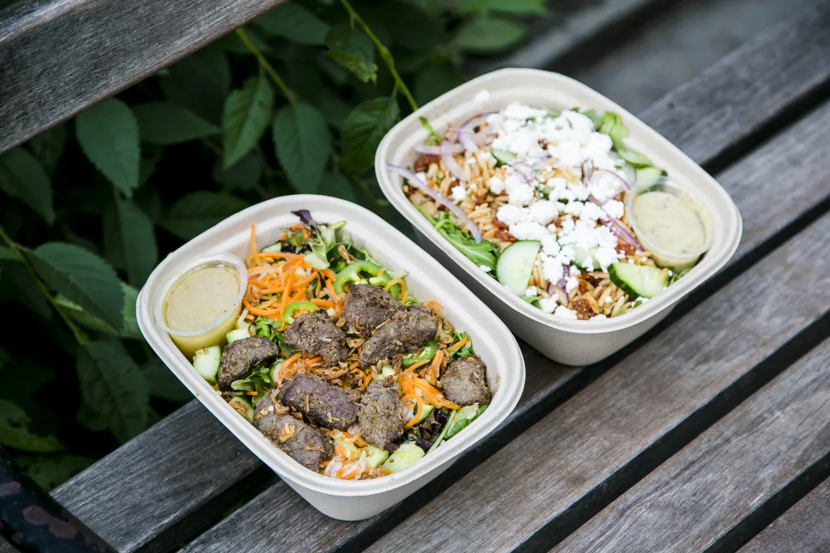 Vietnamese Beef Salad, and Feta, Cucumber, and Orzo Greek salad from Maple, a New York meal delivery service, on July 20, 2015. (Samira Bouaou/Epoch Times)