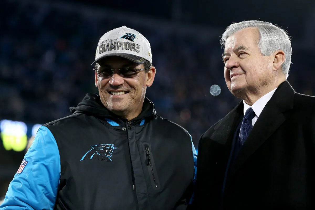Carolina Panthers Head coach Ron Rivera (L) and owner Jerry Richardson are hoping Cam Newton get the team's first Super Bowl win. (Streeter Lecka/Getty Images) 