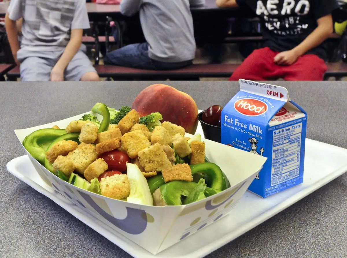 This Sept. 11, 2012, file photo shows a healthy chicken salad school lunch, prepared under federal guidelines, sitting on display at the cafeteria at Draper Middle School in Rotterdam, N.Y. (AP Photo/Hans Pennink, File)