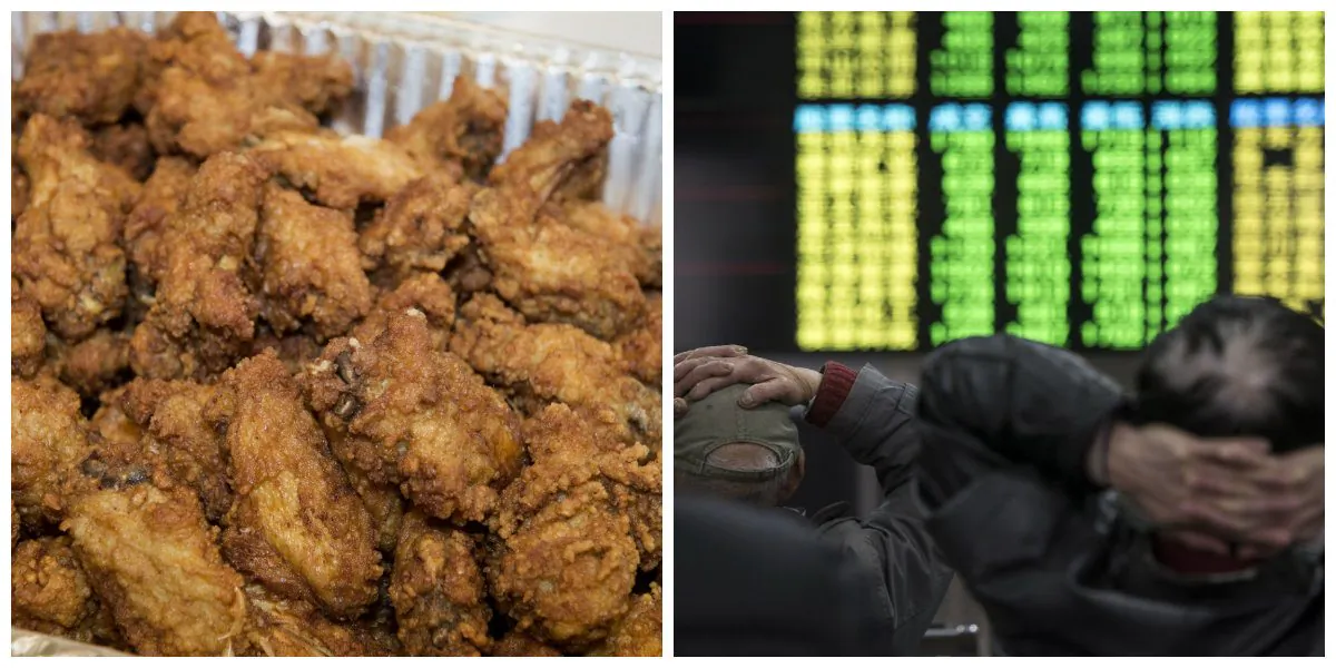 (L-R): Chicken wings are seen before a chicken wing eating contest in Washington D.C. on July 29, 2015; and Chinese investors at a brokerage house in Shanghai on Jan. 27, 2016. (PAUL J. RICHARDS/AFP/Getty Images and JOHANNES EISELE/AFP/Getty Images)