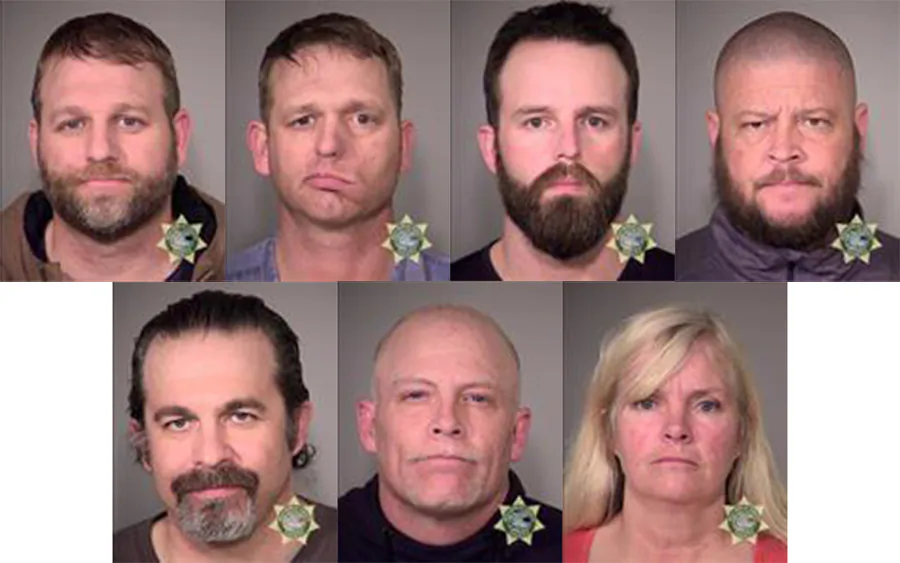 Best quality available) In this composite with handout images provided by the Multnomah County Sheriff's Office, suspects (Top L) Ammon Bundy, Ryan Bundy, Ryan Waylen Payne, Brian Cavalier, (Bottom L) Peter Santilli, Joseph Donald OShaughnessy , and Shawna Cox pose for a mugshot photo after being arrested by U.S. Marshalls January 26, 2016 in Oregon. (Multnomah County Sheriff's Office/Getty Images)