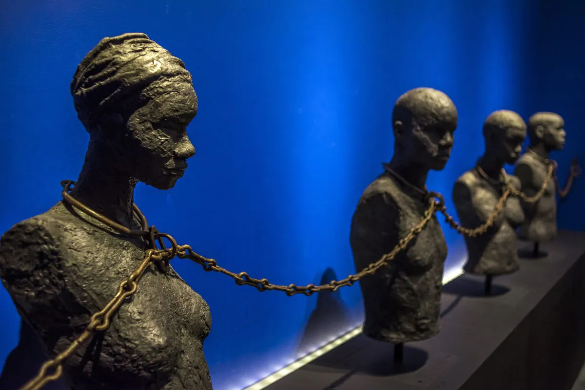 A photo taken on May 8, 2015 shows a piece entitled "Slave Chain with Four Yokes" from the Dexue voodoo convent in Adounko, Benin, dating from the 19th century at the Memorial ACTe, the Caribbean Centre of Expression and Memory of Slavery and the Slave Trade, in Point-a-Pitre. (Nicolas Derne/AFP/Getty Images)