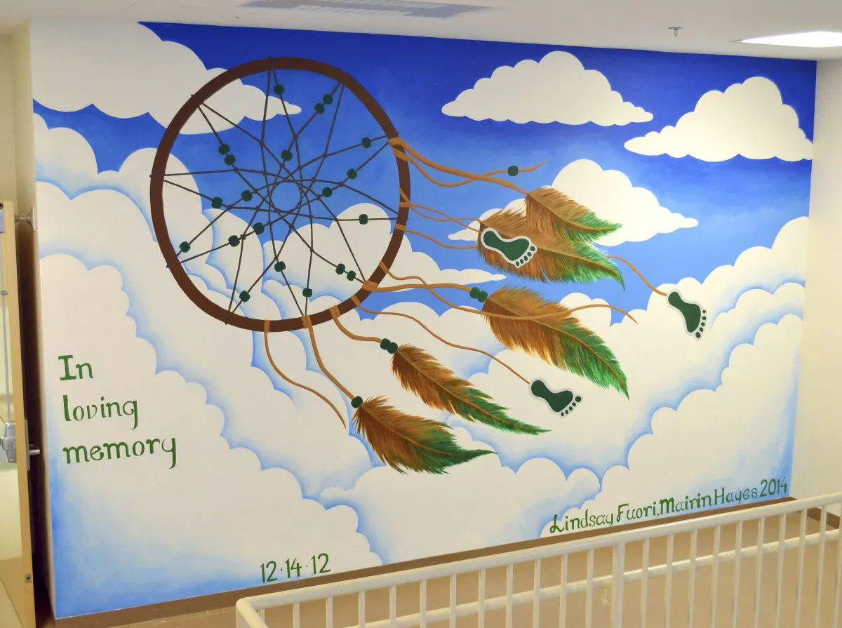 In this 2014 photo provided by Lindsay Fuori, a mural she created to pay tribute to Sandy Hook Elementary School shooting victims adorns a wall inside Newtown High School, which she attended. The mural was covered by plasterboard to protect the emotional well-being of students. (Lindsay Fuori via AP)
