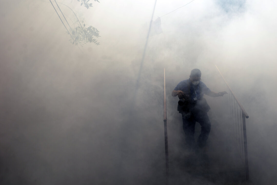 A man walks through the fumes as Health Ministry employees fumigate against the Aedes aegypti mosquito to prevent the spread of the Zika virus in Soyapango, 6 kilometers east of San Salvador, on Jan. 21, 2016. (Marvin Recinos/AFP/Getty Images)